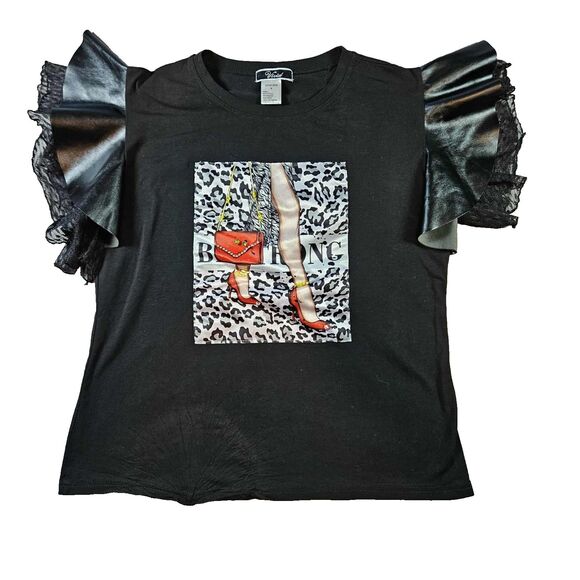 Womens Graphic T With Faux Leather & Lace Sleeves Embellished Medium "Be Strong" - Picture 1 of 11